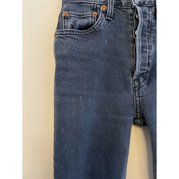 RE/DONE ORIGINALS High Rise Ankle Crop Blue Jean Size 24 Raw Fray Hem Button Fly - Picture 5 of 12